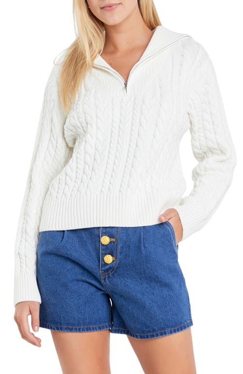 Quarter Zip Cable Knit Cotton Sweater in Ivory