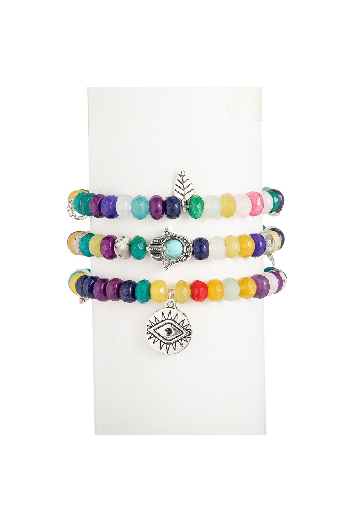 Eye Candy Los Angeles Rainbow Facated Agate Evil Eye Hamsa Bracelets
