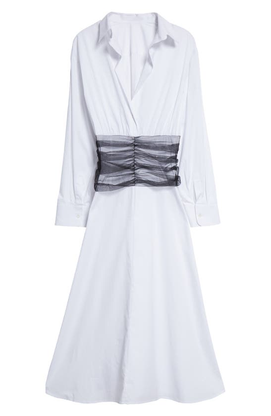 Shop Renaissance Renaissance Drew Tulle Waist Long Sleeve Poplin Shirtdress In White