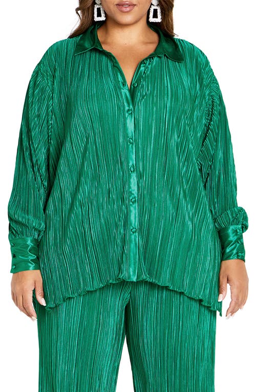 City Chic Andi High-Low Plissé Button-Up Shirt in Greenstone at Nordstrom