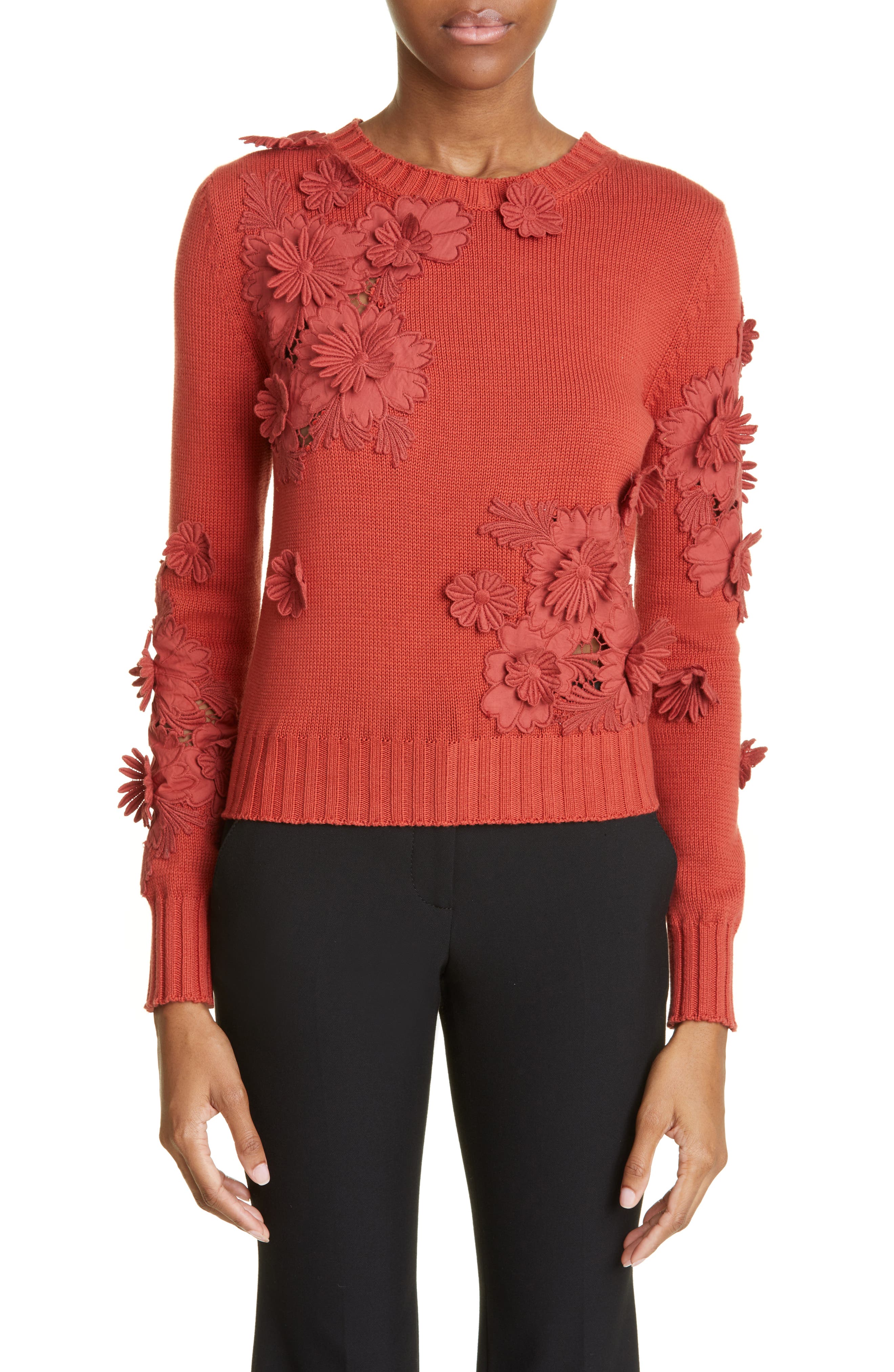 Oscar de la Renta Floral Cotton Sweater 