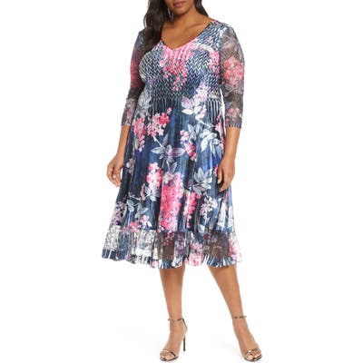 Plus Size Komarov Floral Lace Sleeve Satin Charmeuse Dress, Blue