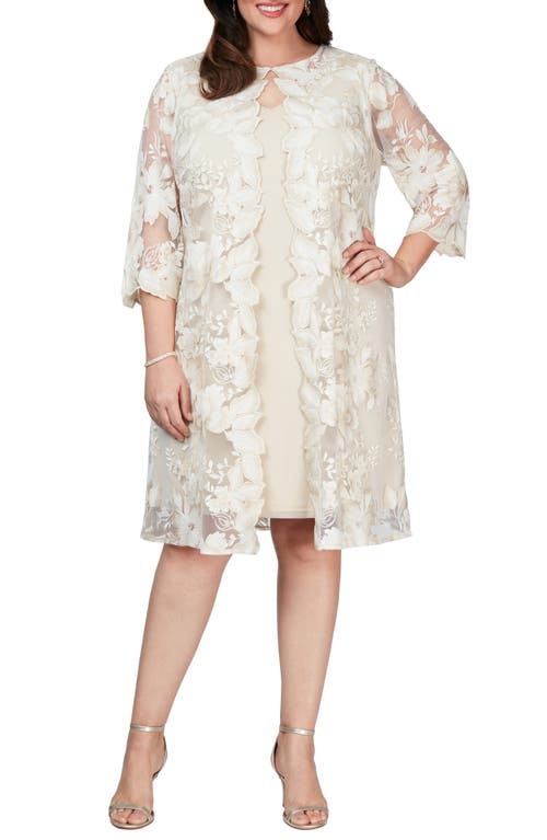 Alex Evenings Embroidered Mock Jacket Cocktail Dress in Taupe
