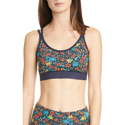 Tory Sport Floral Print Strappy Sports Bra, Blue