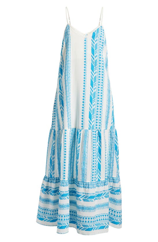 Shop Elan Embroidered Tiered Cotton Blend Cover-up Maxi Dress In White/ Blue Print