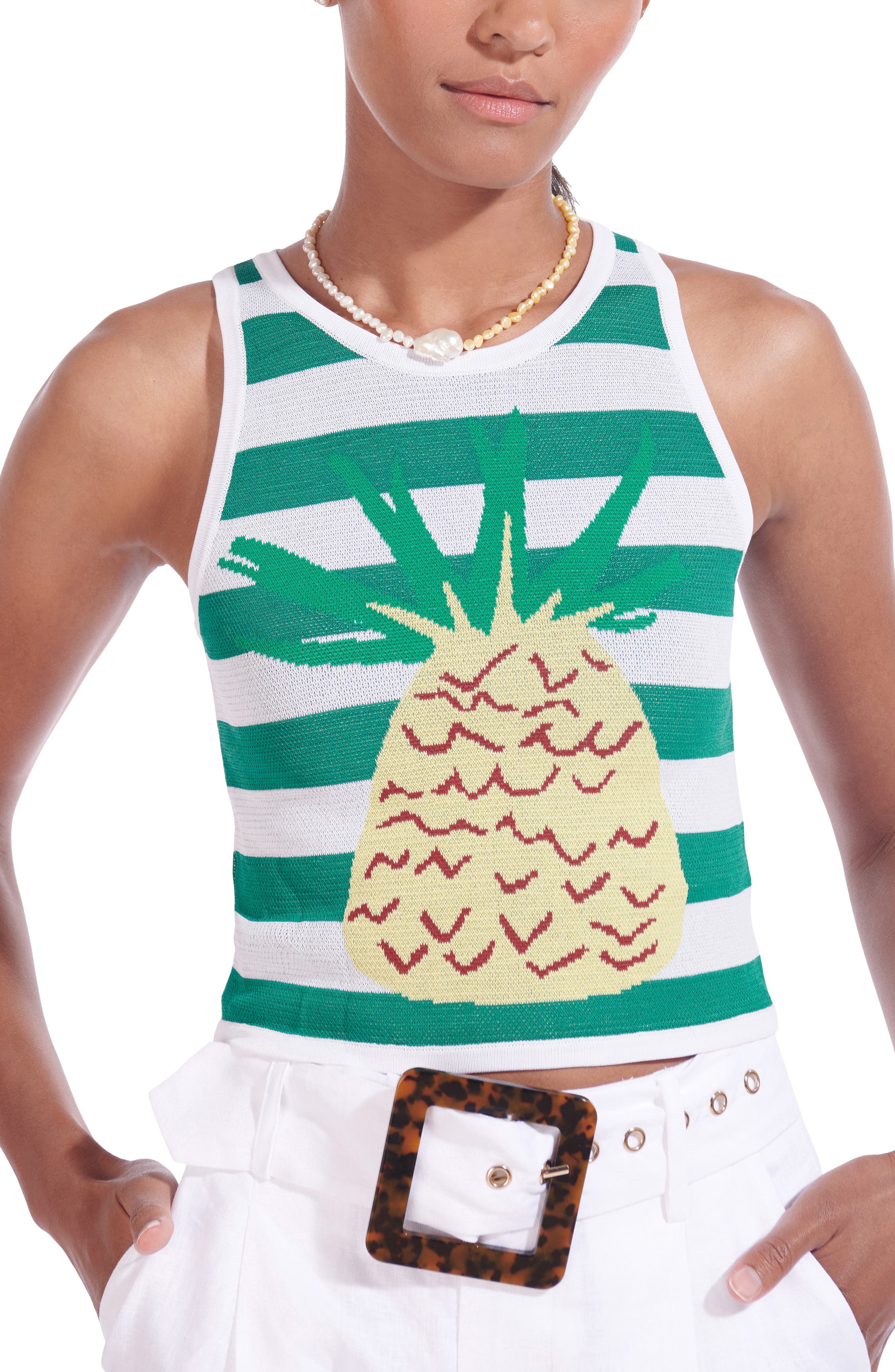 STAUD Playa Pineapple Stripe Sweater Tank in Cabana Stripe Clover at Nordstrom, Size X-Small
