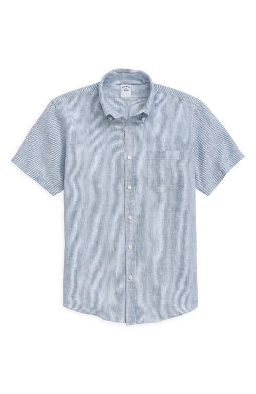 Brooks Brothers Pinstripe Short Sleeve Linen Button-Down Shirt Blue Candy Stripe at Nordstrom,