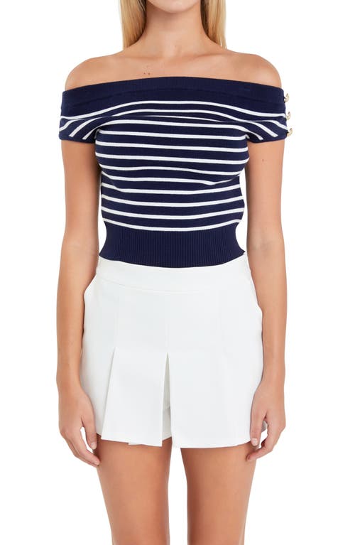 Shop English Factory Stripe Off The Shoulder Sweater In Navy/white