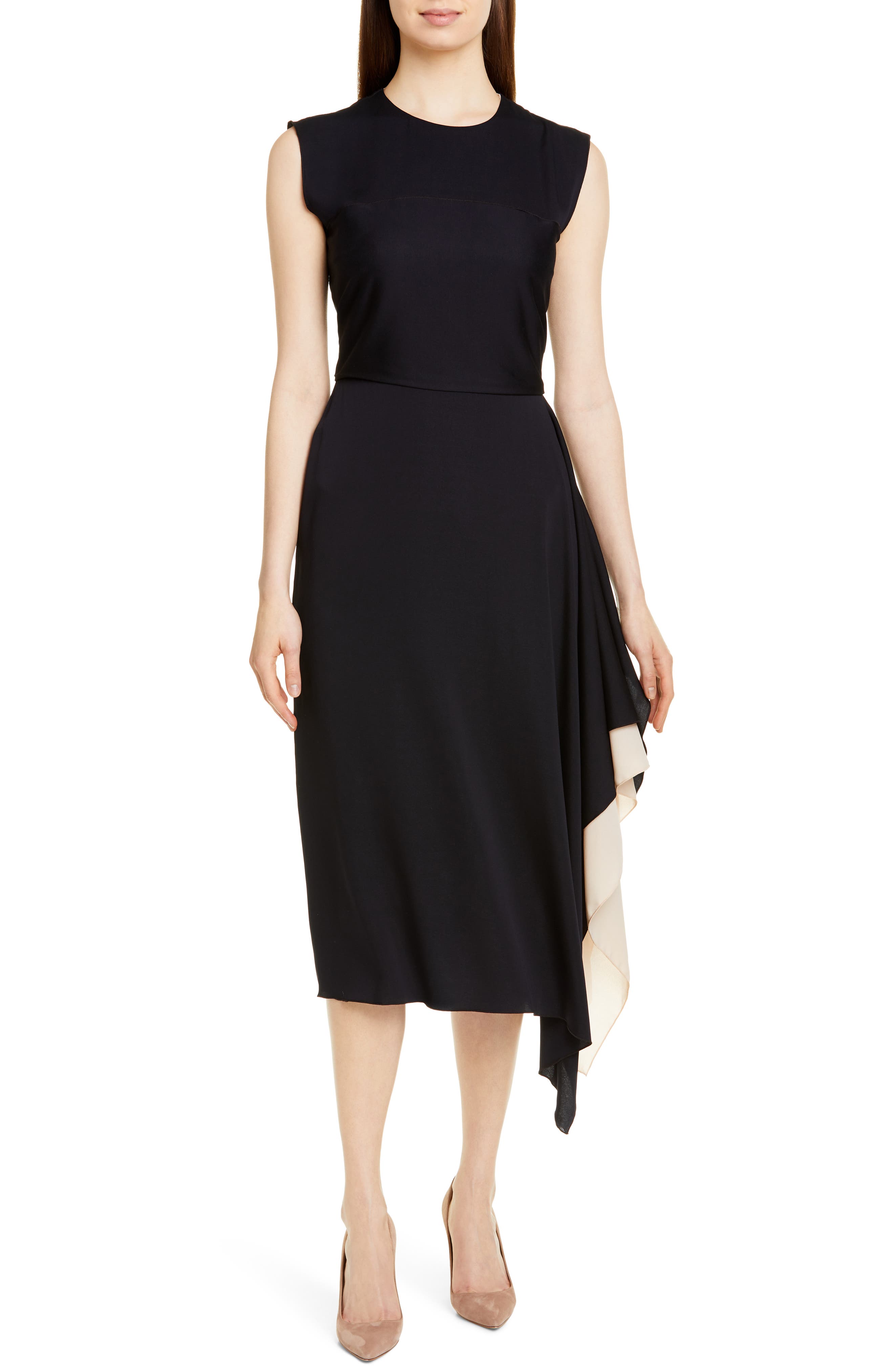 Boss Dewy Side Ruffle Silk Blend Midi Dress, Blue