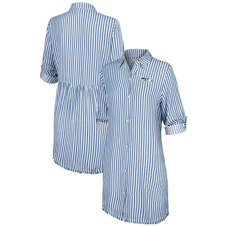 Shop Tommy Bahama Blue/white Seattle Seahawks Chambray Stripe Cover-up Shirt Dress