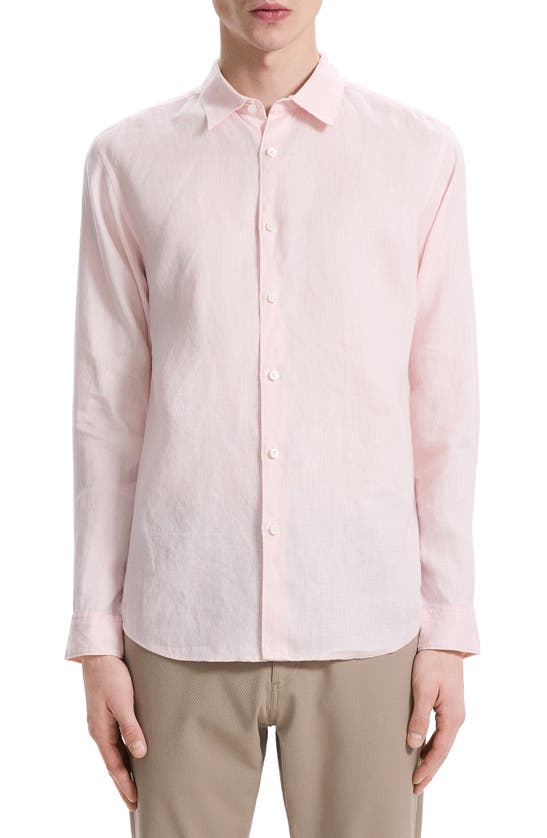 Shop Theory Irving Solid Linen Button-up Shirt In Pale Pink