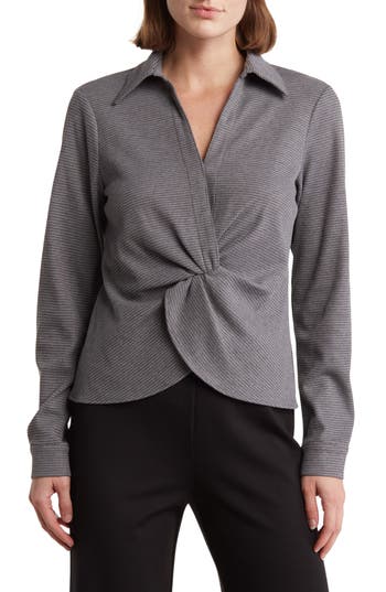 Calvin Klein Twist Front Long Sleeve Knit Top In Gray