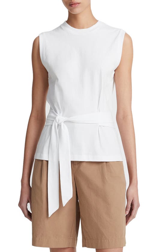 Shop Vince Sleeveless Belted Cotton Top In Optic White