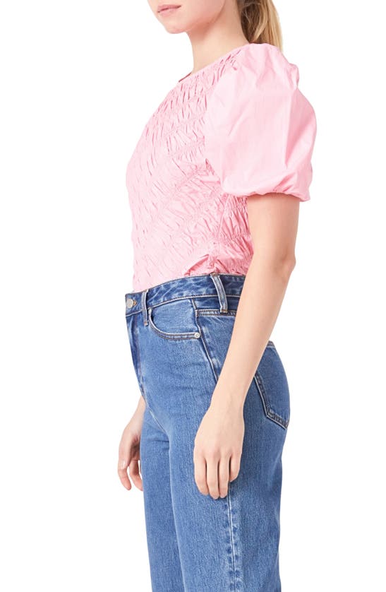 Shop English Factory Asymmetric Shirred Puff Sleeve Top In Pink