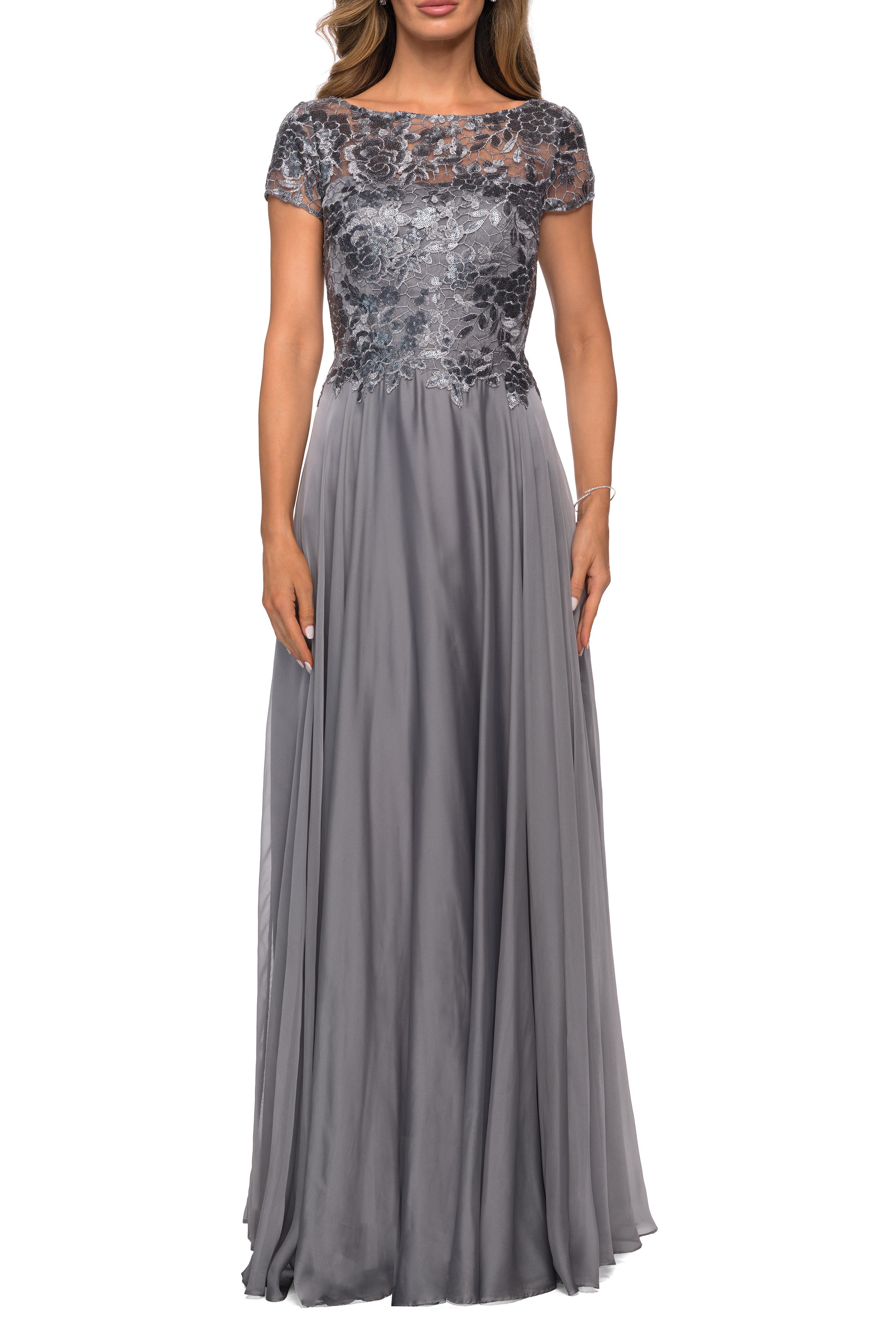 La Femme Short Sleeve Metallic Lace Evening Dress with Chiffon Skirt in Platinum 