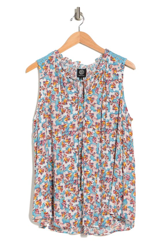 Bobeau Ruffle Spit Neck Sleeveless Top In Aqua Floral