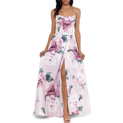 Xscape Floral Print Satin Ballgown, Pink