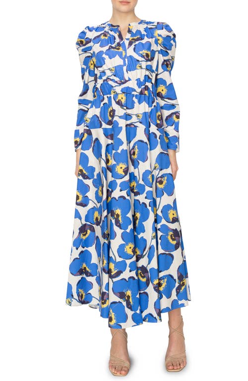Floral Print Belted Long Sleeve A-Line Dress in Bone Blue