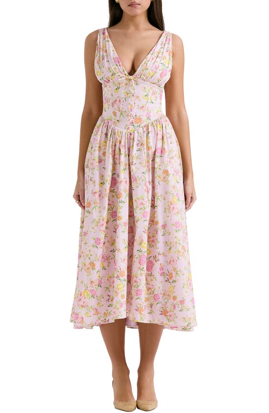 House Of Cb Emmelina Sleeveless Stretch Poplin Midi Dress In Pink Floral Print