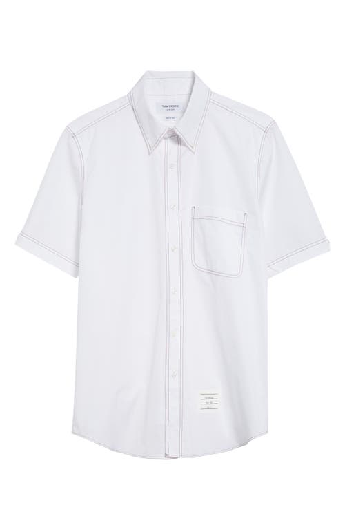 Shop Thom Browne Straight Fit Short Sleeve Cotton Poplin Button-down Shirt In White