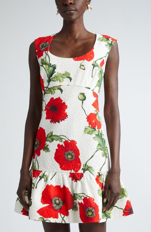 Shop Oscar De La Renta Poppy Print Cap Sleeve Flounce Hem Cotton Blend Minidress In White/red