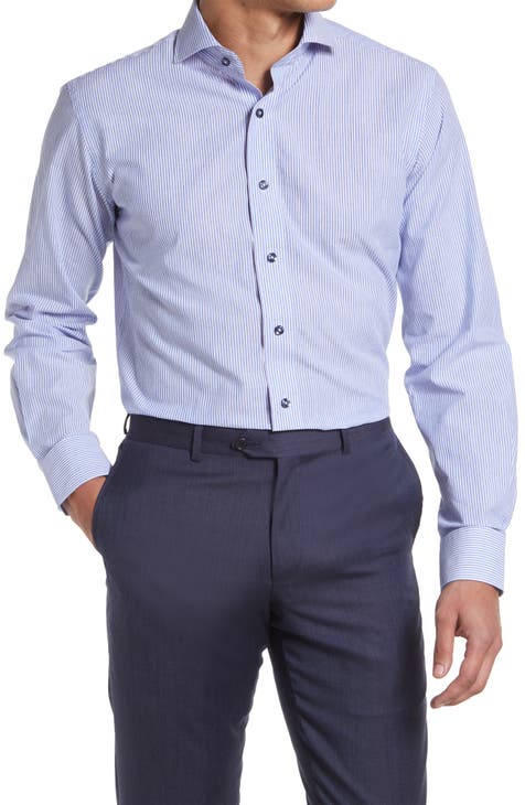 Trim Fit Stripe Cotton & Linen Dress Shirt (Regular & Big)