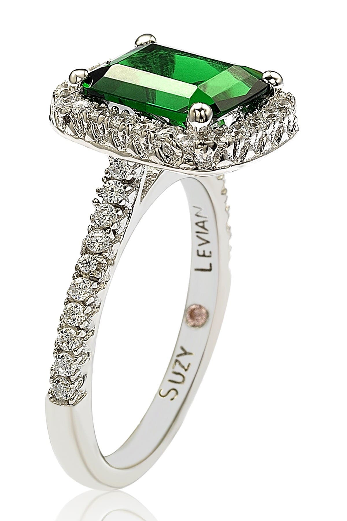 Suzy Levian Sterling Silver Emerald Cut Green Cz Halo Ring In Green