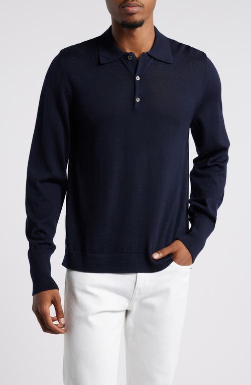 Shop Officine Generale Officine Générale Brutus Long Sleeve Merino Wool Polo Sweater In Dark Navy