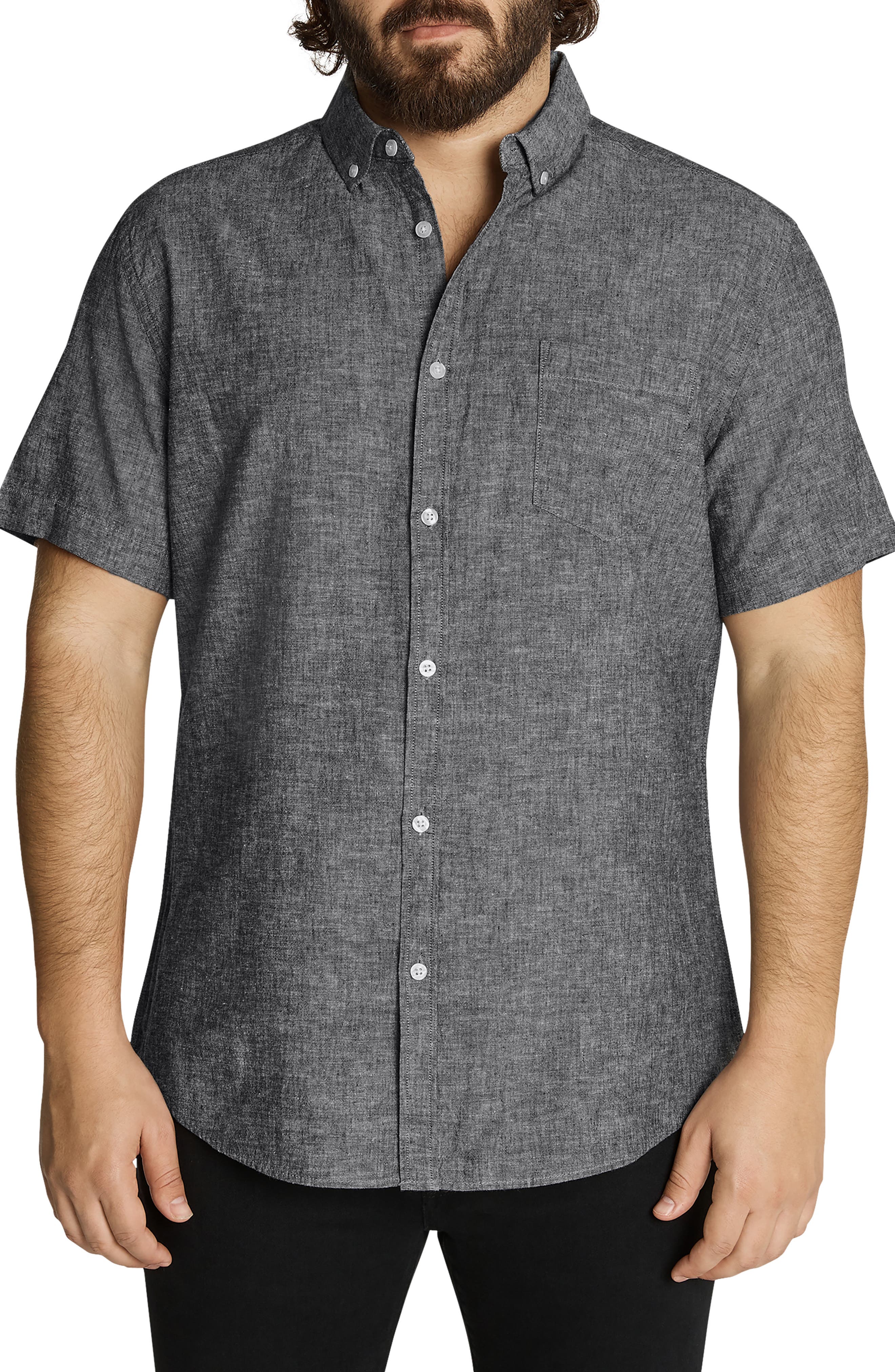 Johnny Bigg Tahiti Short Sleeve Linen Blend Button-Down Shirt in Charcoal