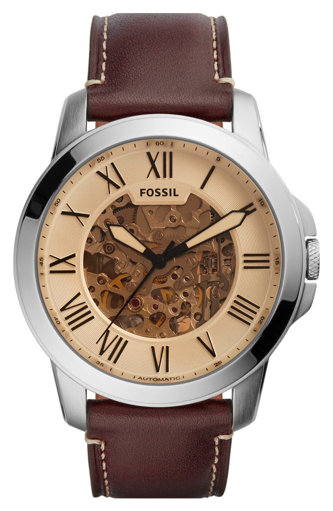 Fossil 'Grant' Automatic Leather Strap Watch, 44mm Nordstrom