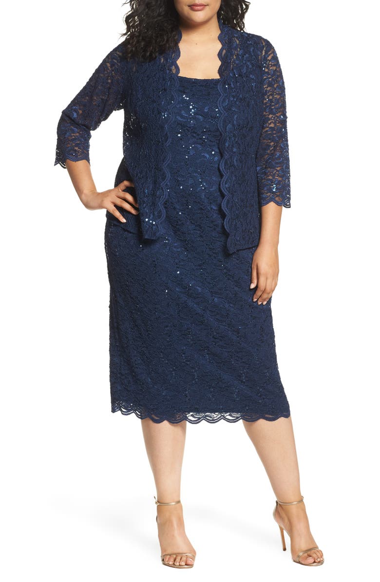 Alex Evenings Plus Size Scoop Neck 3/4 Sleeve Sequined Lace Tea-Length ...