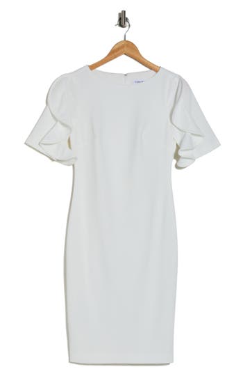 Calvin Klein Ruffle Sleeve Scuba Crepe Sheath Dress In White