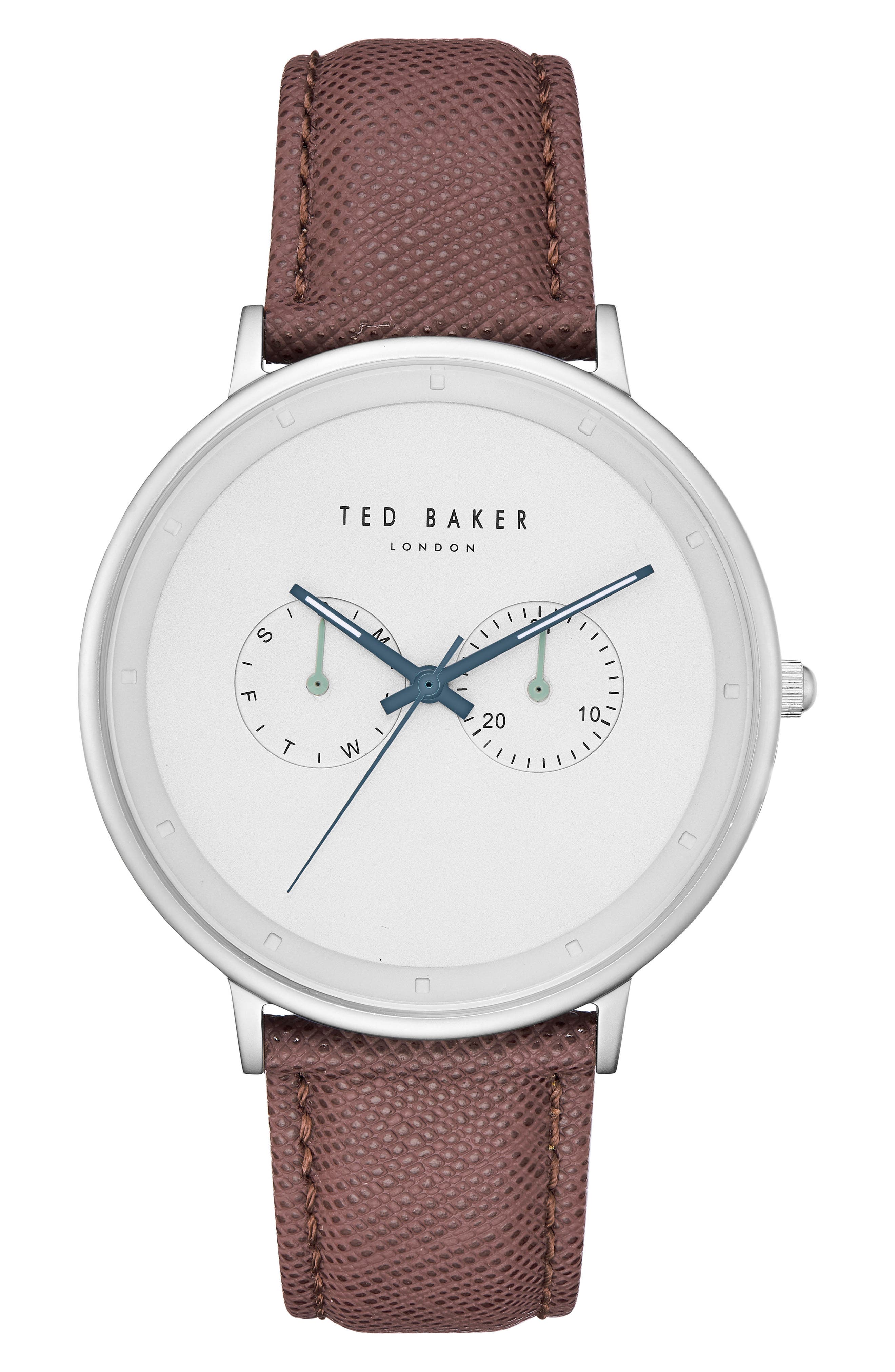 Ted Baker London Brad Multifuntion Leather Strap Watch, 42 Mm