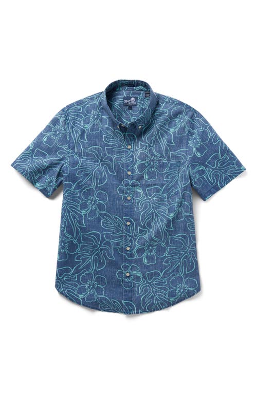 Monstera Ink Tailored Fit Short Sleeve Button-Down Shirt in Dress Blues