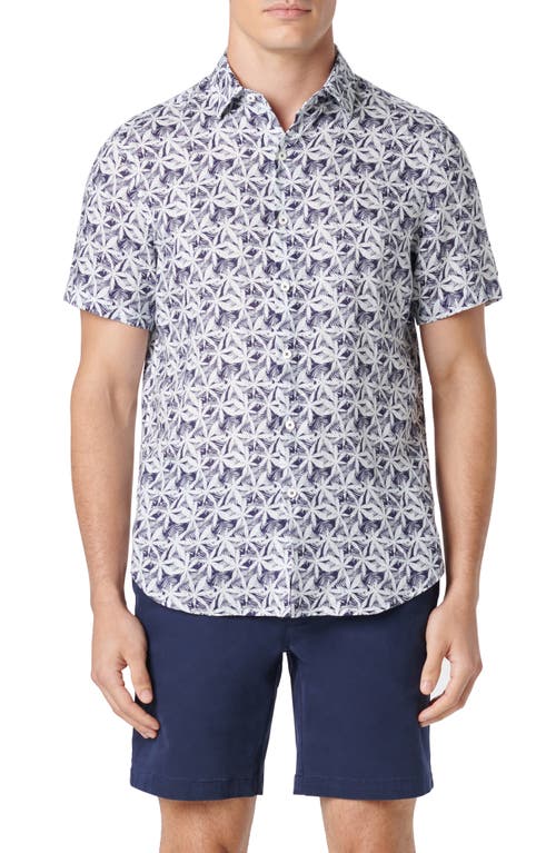 Bugatchi Orson Leaf Print Short Sleeve Linen Button-Up Shirt Navy at Nordstrom,