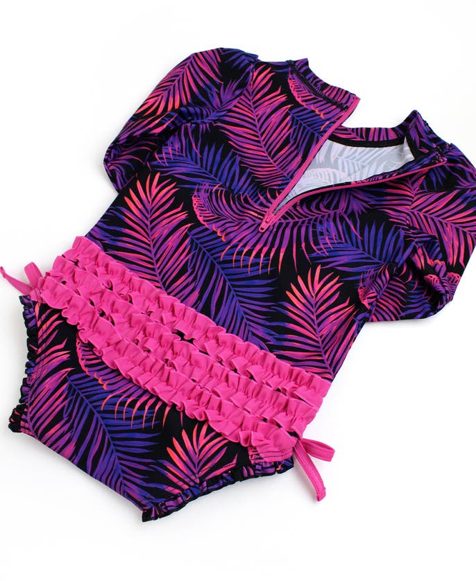 Shop Rufflebutts Baby Girls Long Sleeve Upf50+ One Piece Rash Guard In Marine Glow