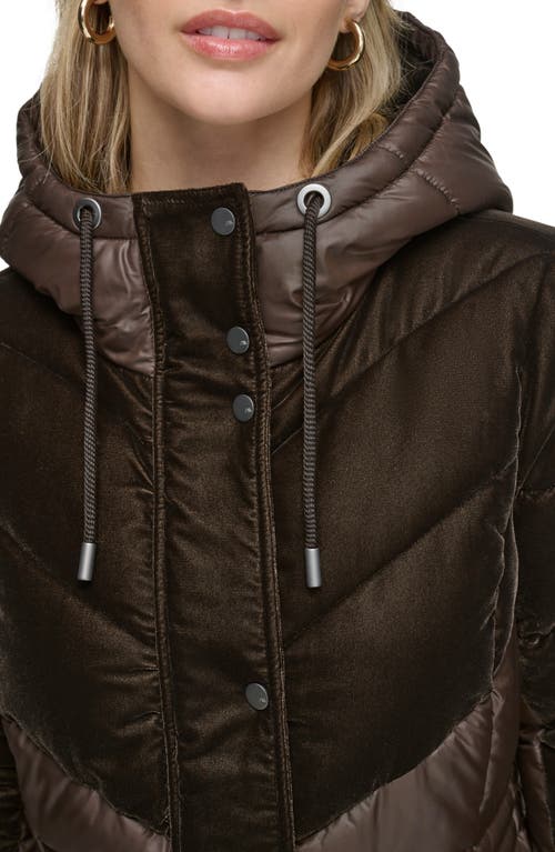 Andrew Marc Velvet Panel Hooded Puffer Jacket In Chocolate