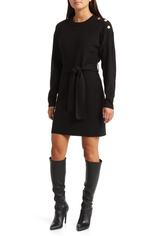 Charles Henry Long Sleeve Belted Mini Sweater Dress in Black