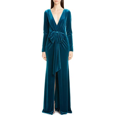 Badgley Mischka Collection Bow Front Long Sleeve Velvet Gown, Blue/green