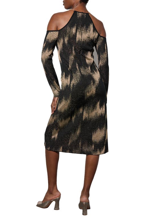 Shop Ming Wang Metallic Long Sleeve Jacquard Midi Dress In Black/gold