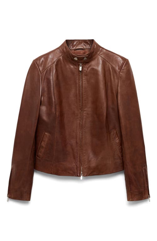 Shop Mango Leather Moto Jacket In Medium Brown