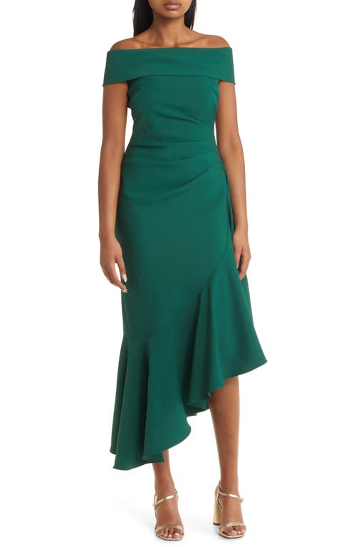Eliza J Off the Shoulder Asymmetric Ruffle Cocktail Dress in Emerald