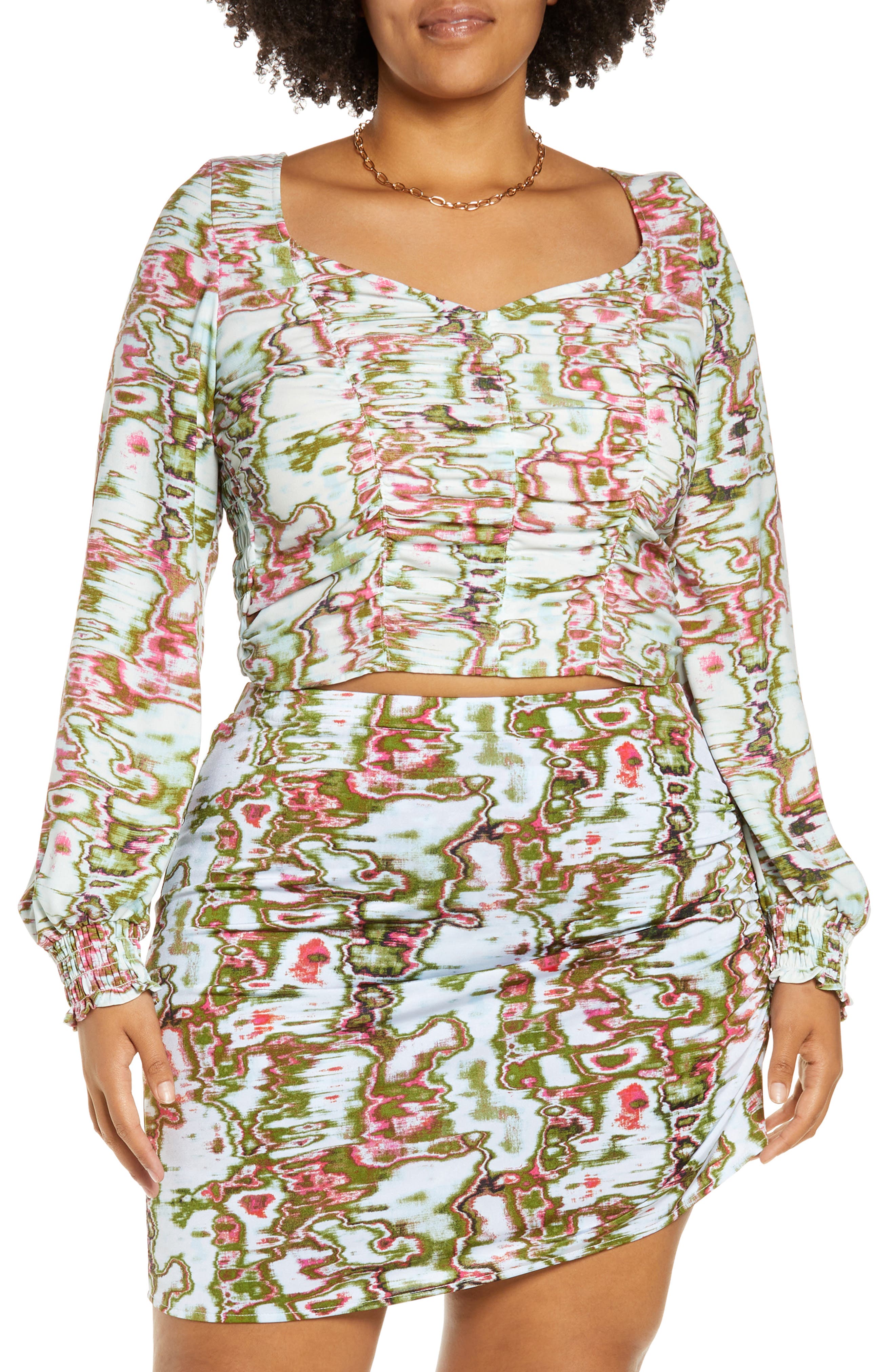 Open Edit Ruched Bodice Top in Olive- Pink Watercolor Rose