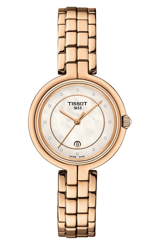 Tissot Women's Swiss Flamingo Diamond Accent Rose Gold Pvd Stainless Steel Bracelet Watch 30mm In White Mother Of Pearl