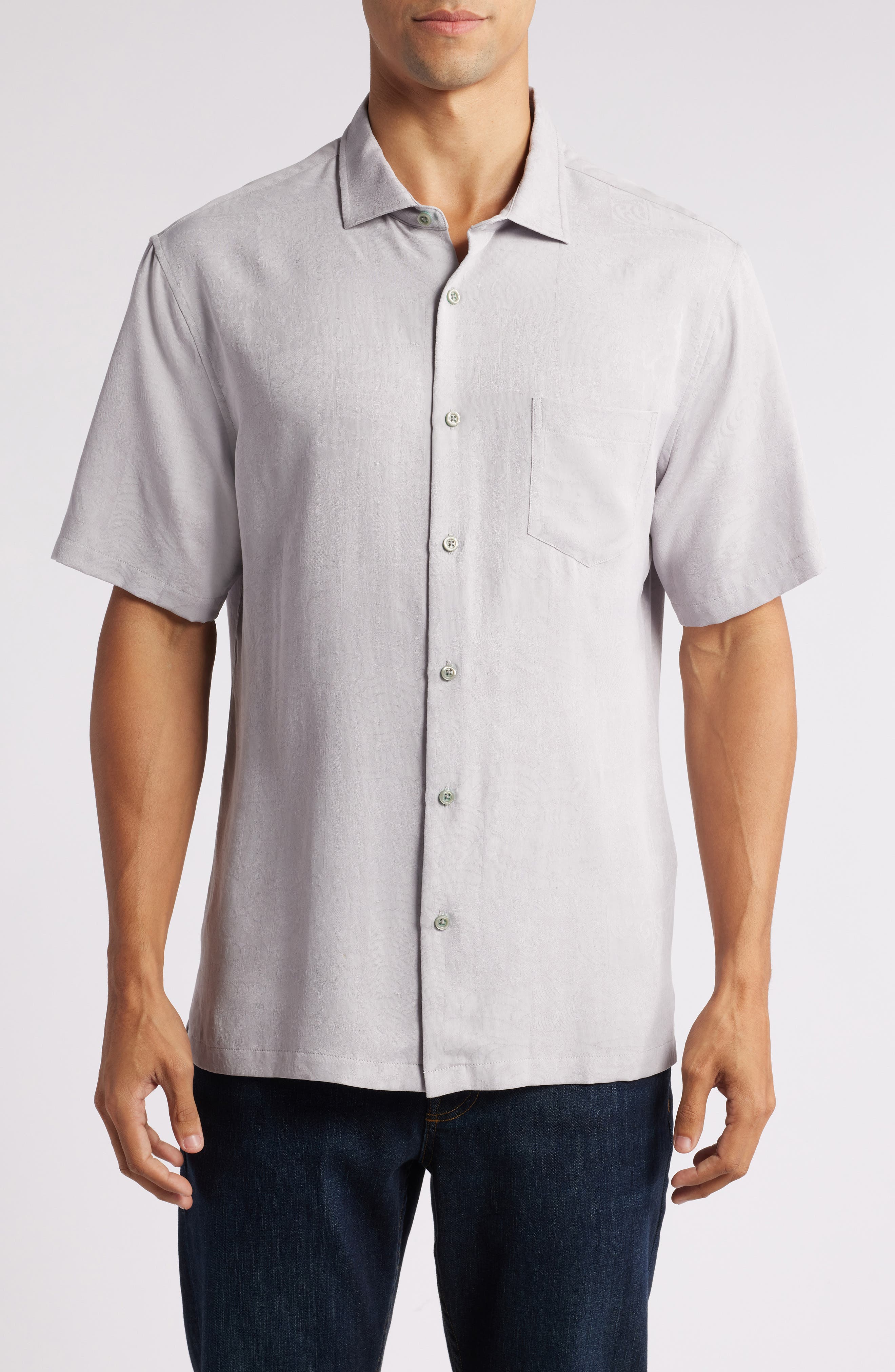 Tori Richard Book of Water Silk Blend Short Sleeve Button-Up Shirt in Silver 