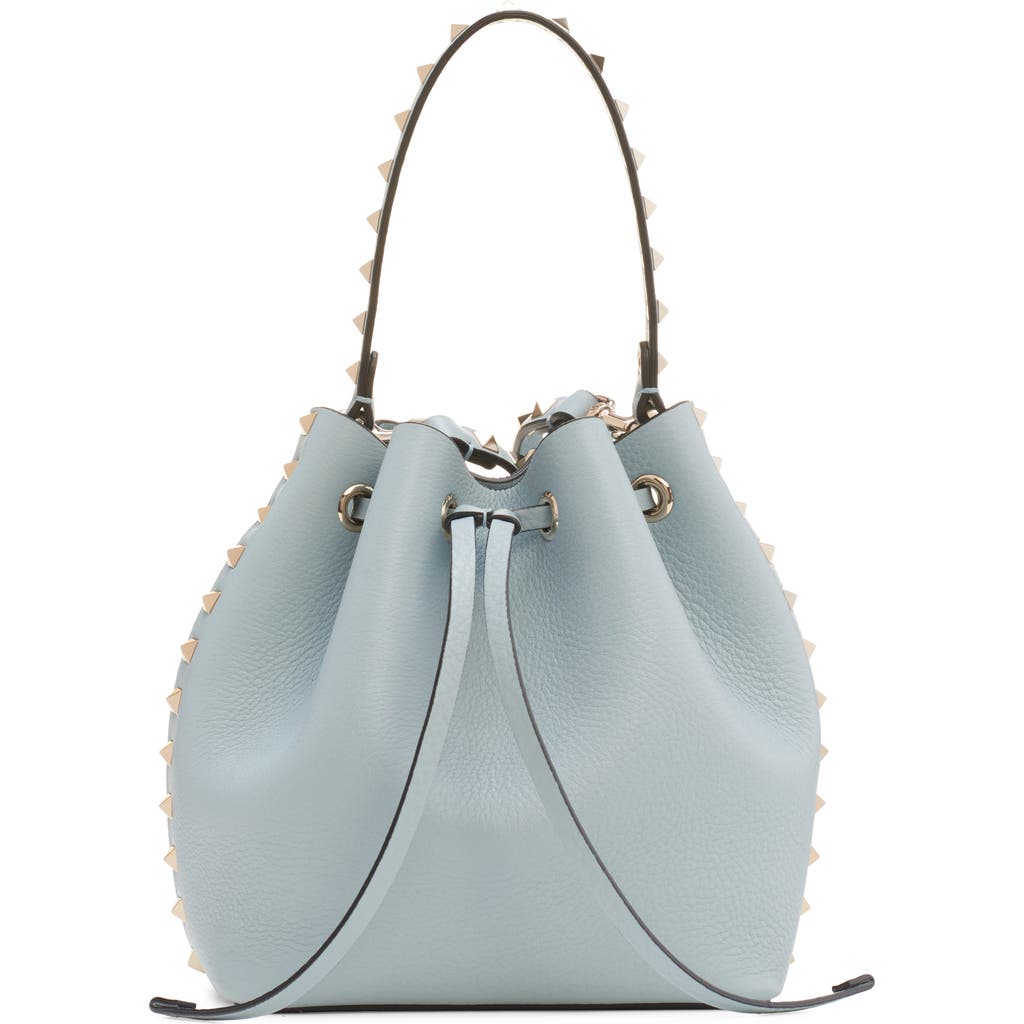 Valentino Garavani Rockstud Leather Bucket Bag In Blu Porcellana