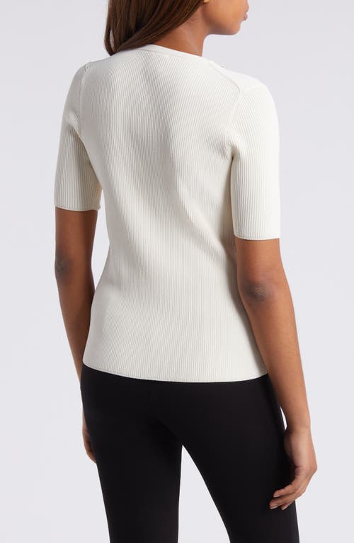 Shop Anne Klein Rib Snap Trim Short Sleeve Crewneck Sweater In Anne White