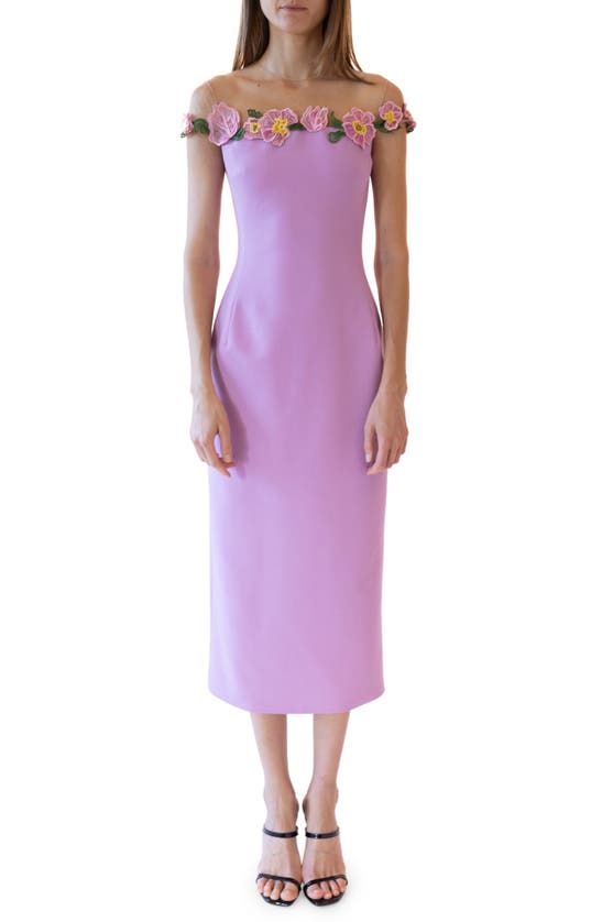 Shop Oscar De La Renta Embroidered Poppy Illusion Neck Virgin Wool Blend Dress In Lupine