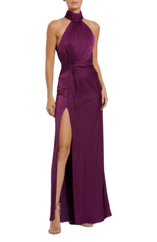 Mac Duggal Open Back High Neck Side Ruched Gown In Plum