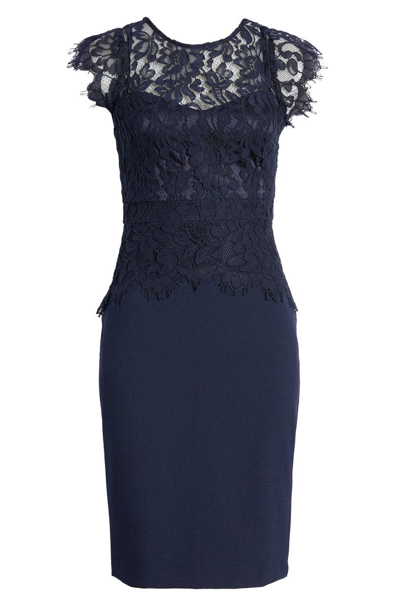 Vince Camuto Lace & Stretch Crepe Sheath Dress, Alternate, color, Navy